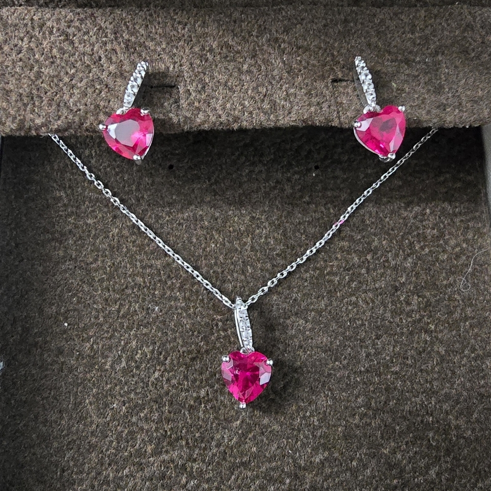 Sterling Silver 925 Heart-Cut Ruby Necklace & Earrings Set